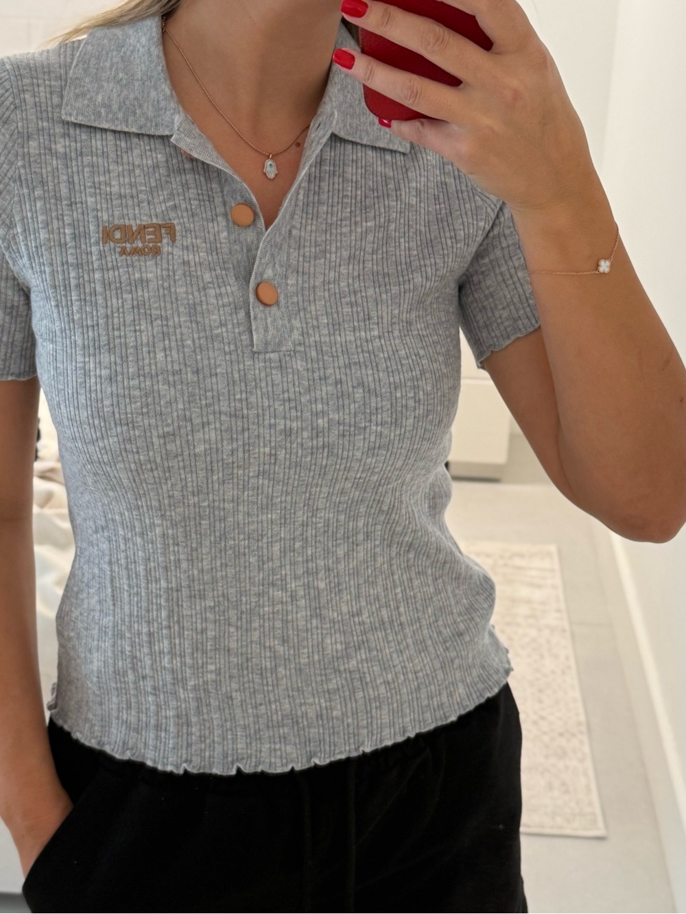 Fendi Light Gray Ribbed Polo Crop Top